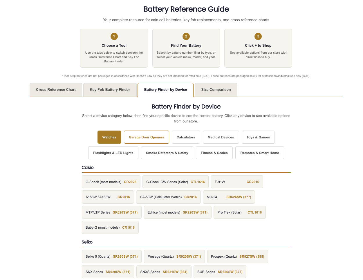 Battery finder by device showing watch categories with Casio and Seiko models and battery types