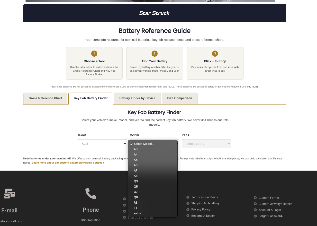 Key fob battery finder showing vehicle make model and year selection dropdowns
